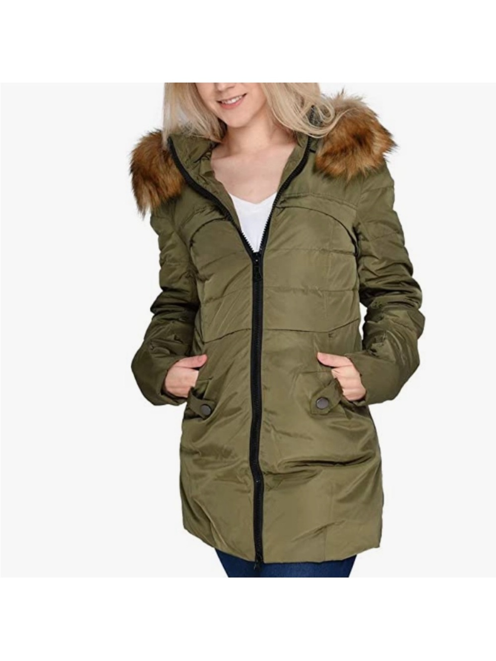 Valuker Down Fill Jacket Parka Olive Green Fur Hood XS